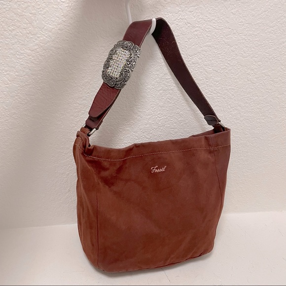 FOSSIL •Brushed Canvas/Wide Leather Strap Shoulder Bag with Rhinestone Buckle - Picture 3 of 12